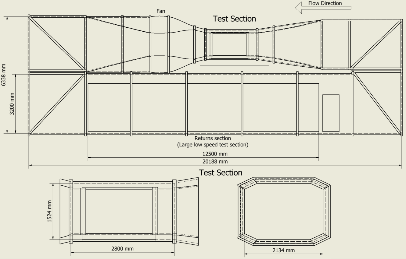 Large wind tunnel test section
